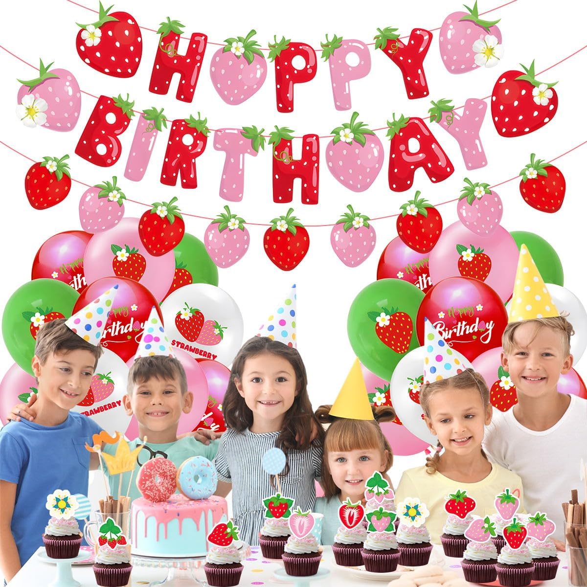Strawberry Party Decoration Set - Balloons & Cake Toppers for Girls' Birthday | Fruit Theme Supplies