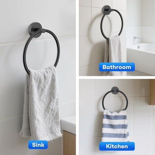 EZKEY Hand Towel Holder Screw-in Matte Black Towel Ring for Bathroom Wall Stainless Steel Round Towel Hanger for Bathroom Hardware Accessories