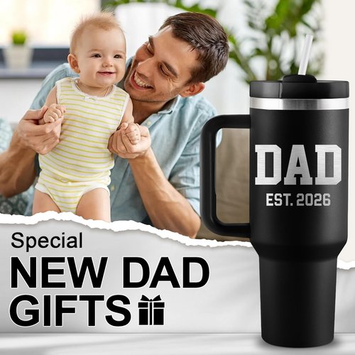 CENDARTE New Dad Gifts First Time Dad to be Gifts DAD EST 2026 First Fathers Day Gift for New Dads 1st Time Daddy Expectant Dads Father to be 40oz Travel Cup Insulated Tumbler with Lid & Straw