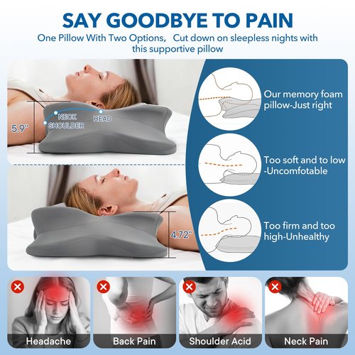 Cervical Pillow for Neck Pain Relief, Ergonomic Memory Foam Pillow with Ice Silk Pillowcase, Adjustable Contour Neck Support Pillow for Side Back Stomach Sleepers