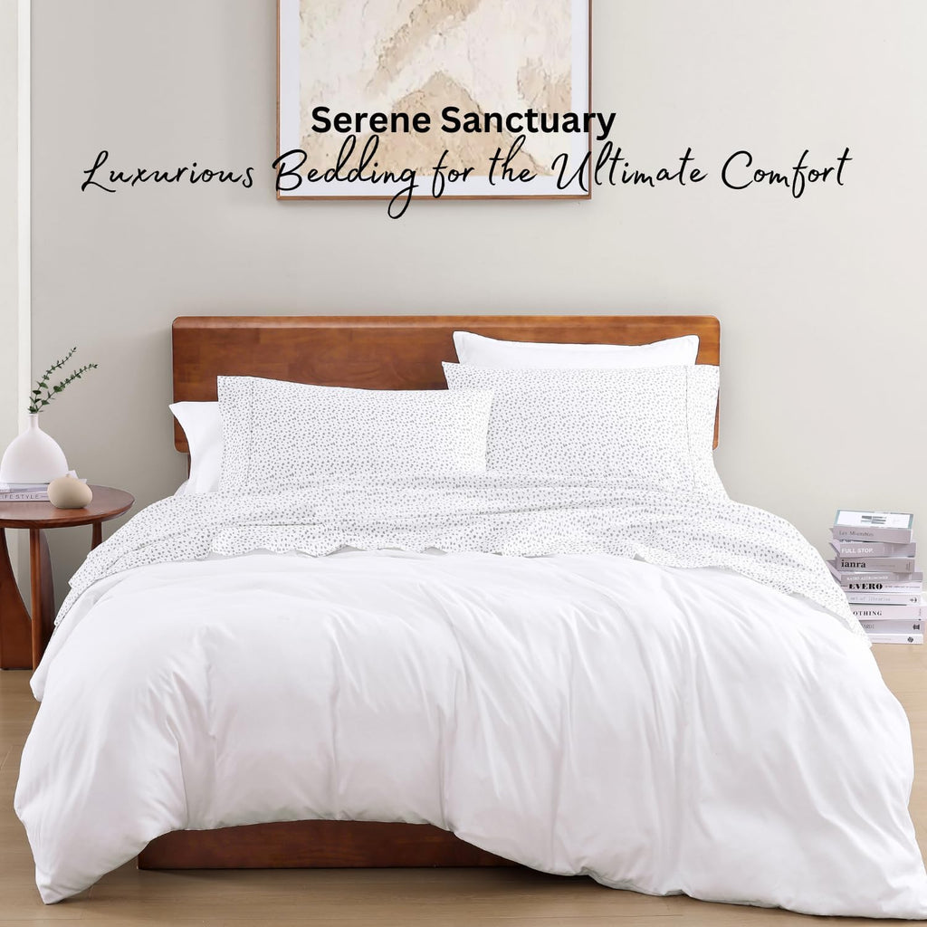 Skiennix 100% Organic Cotton Full Sheet Set - Ultra Soft, Breathable, GOTS Certified, White with Grey Dots, Fits Mattresses Up to 15 Inches Deep