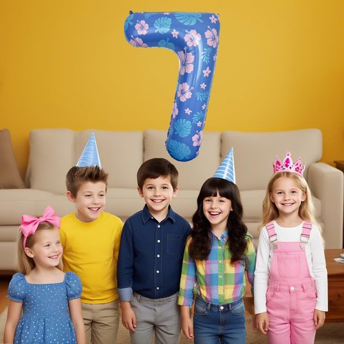 40 Inch Pastel Blue and Pink Number 7 Foil Metallic Balloon for Kids' Hawaii Cartoon Birthday Party Decorations