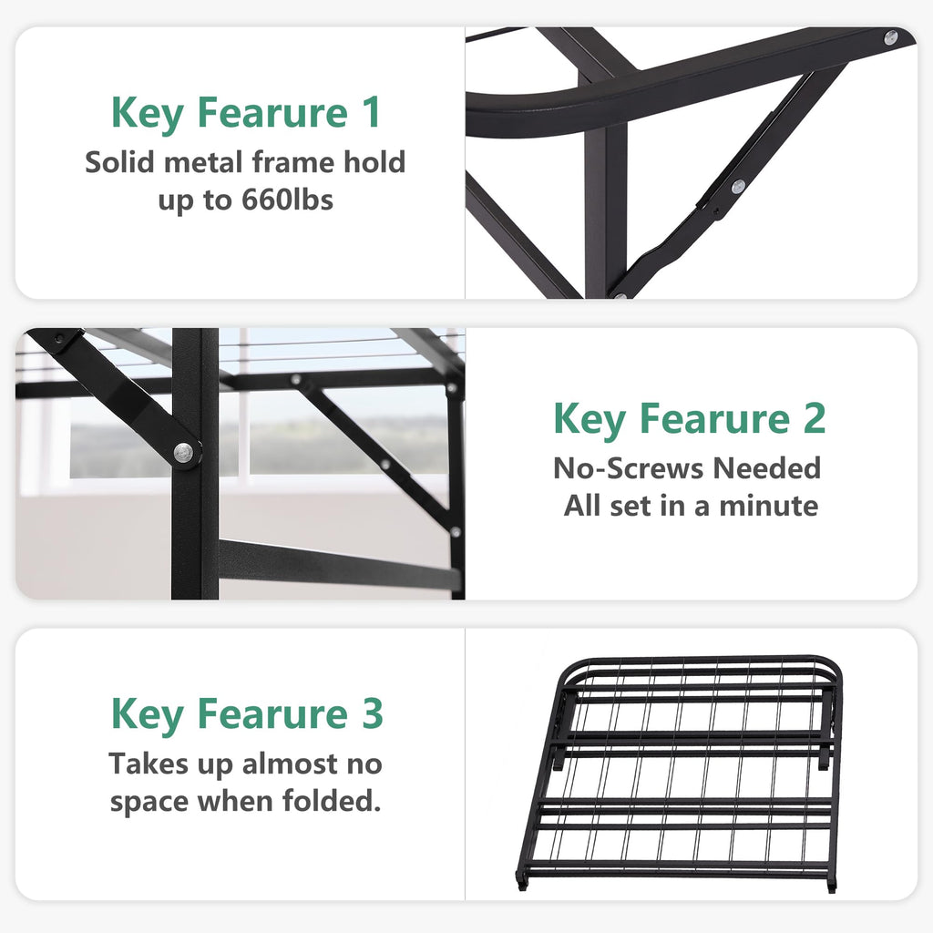 VECELO No Tools Required Metal Folding Bed Frame - 14 Inch Heavy Duty Platform Base, 660lbs Max Support, Twin Size Jet Black, Ideal for Small Apartments & Guest Rooms