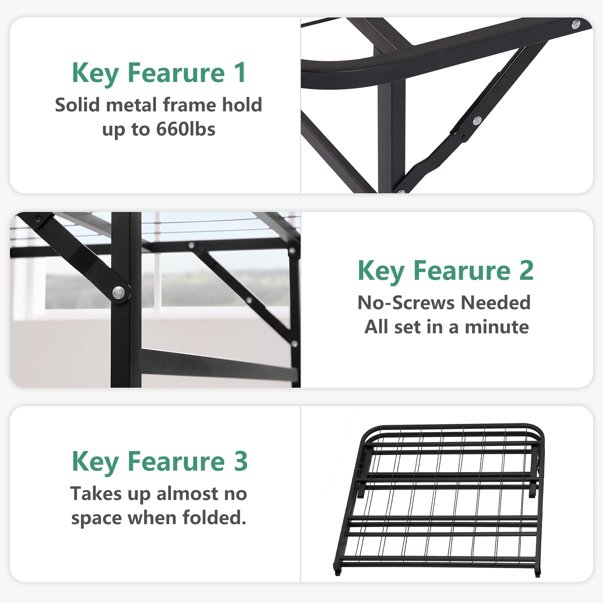 VECELO No Tools Required Metal Folding Bed Frame - 14 Inch Heavy Duty Platform Base, 660lbs Max Support, Twin Size Jet Black, Ideal for Small Apartments & Guest Rooms