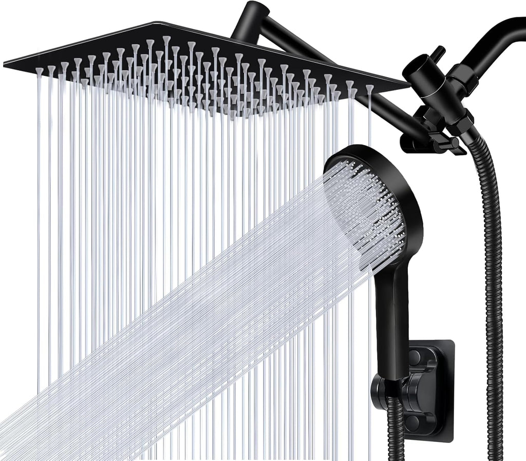 Skiennix 10” Rain Shower Head - High Pressure Handheld Spray Combo with Adjustable Arm | Matte Black