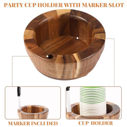 Acacia Wood Cup Holder with Marker Slot, Paper Cup Storage Box Mark Your Cup and Drink Up, Rustic Disposable Cup Dispenser for Party Bar Kitchen Bathroom