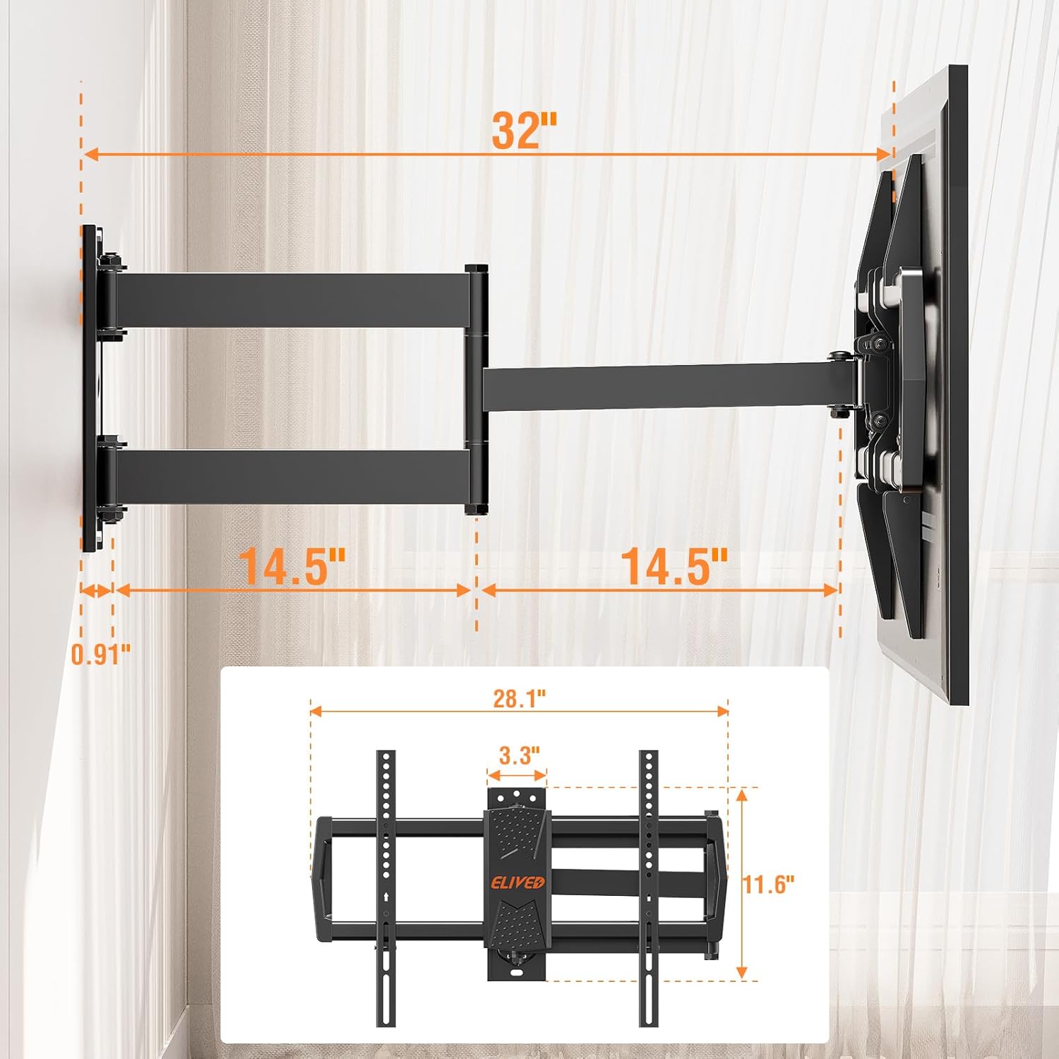 **ELIVED Long Arm TV Mount - Articulating Wall Bracket for 42-75 Inch TVs | 32" Extension, Swivel & Tilt, 99 lbs Capacity**