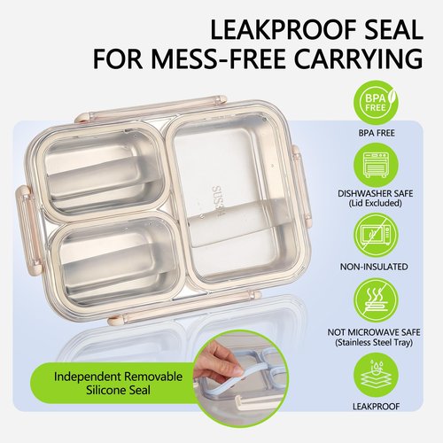 PTYTIFY Stainless Steel Bento Box, 3 Compartments Leakproof Stainless Steel Snack Containers, 25 oz Premium 304 Metal Lunch Box for Adults, BPA-Free, Dishwasher Safe (Beige)