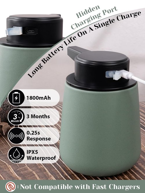 INGOFIN Automatic Soap Dispenser Touchless, Ceramic Auto Liquid Rechargeable Hand Soap Dispenser, Smart Electric Dispenser for Bathroom and Kitchen, Motion Sensor Hands-Free Soap Pump, Green