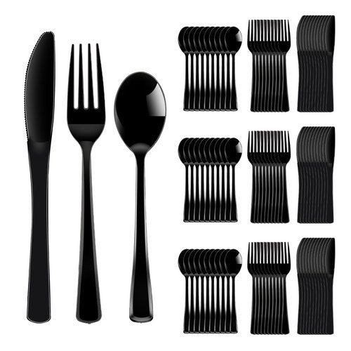 ALEXPRE 300 Pack Black Disposable Plastic Silverware Heavy Duty,Black Cutlery Set, Plastic Forks and Spoons Knives Utensils Set for Birthday Party Prom Night,Weddings,Halloween