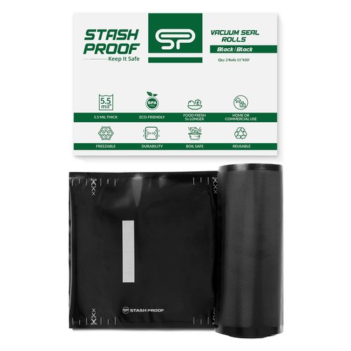 Stash Proof Vacuum Seal Rolls 11" x 50' 2 Pack (100 Feet Total) 5.5 Mil (Black and Black) - BPA Free Commerical Grade Food Saver for Storage, Sous Vide, and Meal Prep Sealer Bag