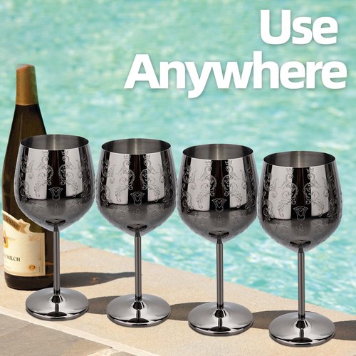 MeowvCraft Wine Glasses Stainless Steel Set of 4, 17oz Black Etched Goblets with Intricate Baroque Engravings, Royal Style Lightweight Shatterproof Wine Cups Gift for Home, Restaurant, Bar, Outdoor