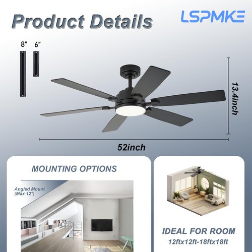 lspmke Ceiling Fan with Light and Remote, 52 Inch Ceiling Fans with Lights, Downrod Mount, Reversible DC Motor, 3CCT, Dimmable, Quiet, Black Ceiling Fan for Bedroom, Livingroom Indoor/Outdoor Use