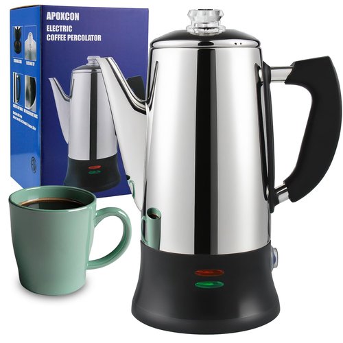 APOXCON Electric Coffee Percolator Stainless Steel Coffee Maker with Heat Resistant Tough Glass Clear Brew Progress Knob, Classic Coffee Pot with Keep Warm Cordless Serve Cool Touch Handle 12 Cup