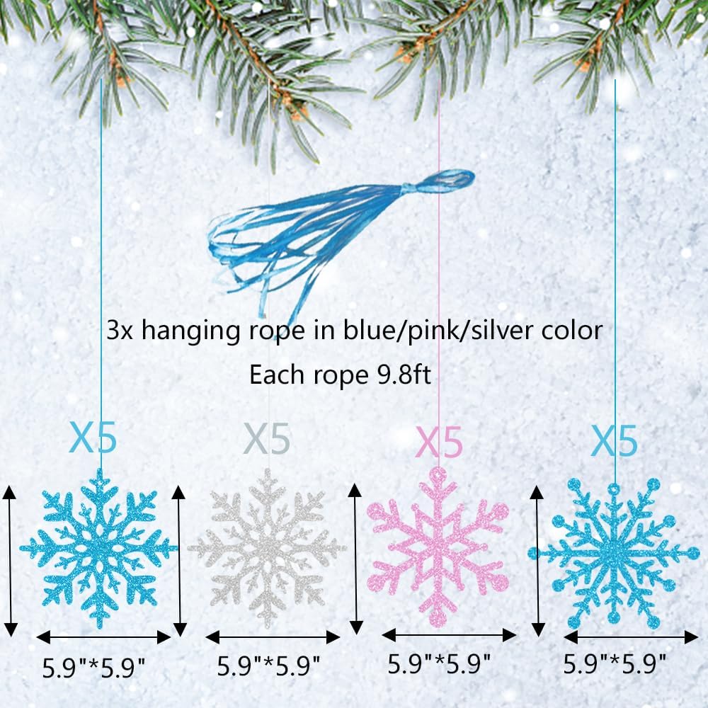 Skiennix Winter Snowflake Hanging Ornaments - Sparkly Ceiling Streamers for Christmas & New Year | Glitter Pink, Blue & Silver