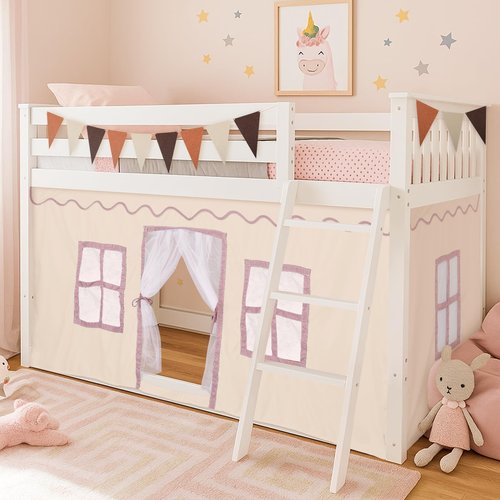 Breling 3 Panel Bunk Bed Curtains for Bottom Loft Bed Tent Set with Felt Flag Double-Layer Twin Bunk Curtains Playhouse Accessories for Boy Girl Bedroom(Cream)