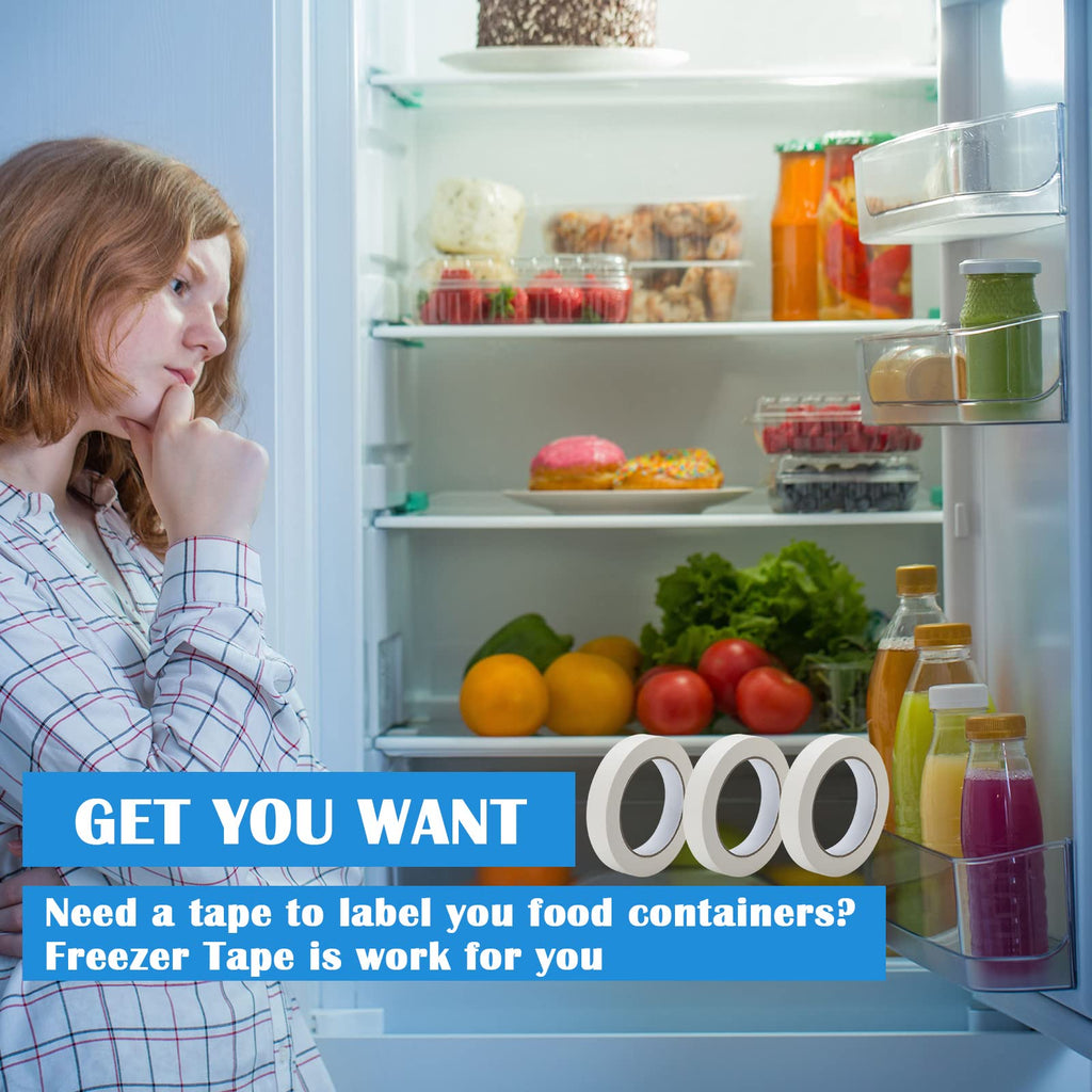 Eaasty 328 Yard 1'' Wide Freezer Tape Writable Surface Low Temperature Resistance Easy to Tear Removable No Residue Freezer Tape for Food Containers Refrigerator 6 Rolls 54.68 Yard Per Roll White