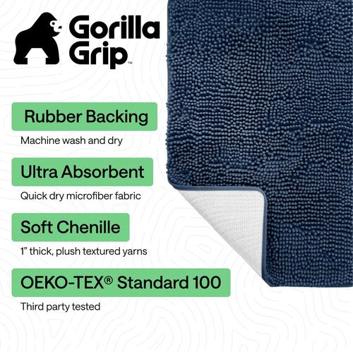 GORILLA GRIP Bath Rug Mat - Soft Absorbent Chenille | Quick Dry Microfiber, 42x24, Navy Blue