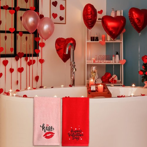 FuWeave 3 Pcs Embroidered Valentines Hand Towels for Bathroom 13.7 x 29.5 Inch Cotton Happy Valentine's Day Red Love Gnome Absorbent Bathroom Kitchen Dish Towel for Hand Drying Cleaning Cooking Gift