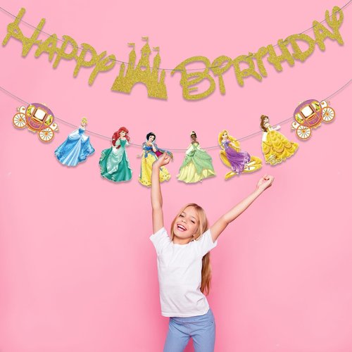 Princess Happy Birthday Banner, Princess Party Decorations Girls Birthday Party Supplies