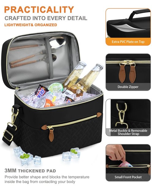 Capolo Lunch Box for Women Men Adults,Insulated Lunch Bag Leakproof Lunch Cooler Box with Removable Strap Cute Lunch Tote Bags Reusable Thermal Lunchbox for School Work Picnic(Small,Black)