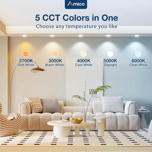 Amico 1 Pack 5/6 inch 5CCT LED Recessed Lighting, Dimmable, IC & Damp Rated, 12.5W=100W, 950LM Can Lights with Baffle Trim, 2700K/3000K/4000K/5000K/6000K Selectable, Retrofit Installation - ETL & FCC
