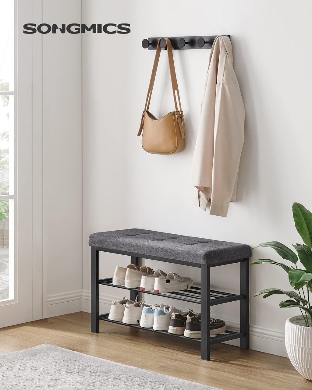 SONGMICS Shoe Bench - Modern Storage Solution with Cushion | Space-Saving Entryway Design in Dark Gray & Ink Black