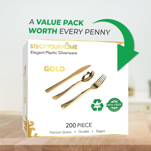 Gold Plastic Silverware Set (200-Pack) – Disposable Heavy Duty Cutlery, 67 Forks, 67 Knives, 67 Spoons for Parties, Weddings, Dinners & Holidays