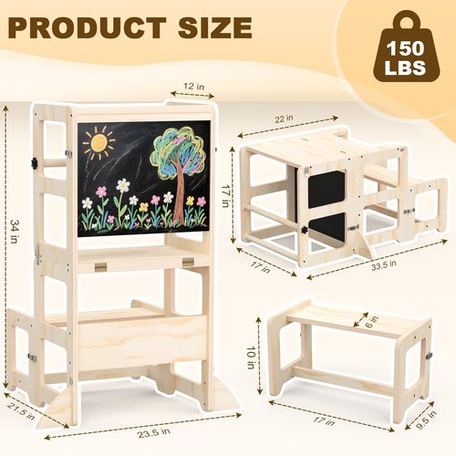 Toddler Kitchen Step Stool, 4-in-1 Foldable Standing Tower with Blackboard, Toddler Step Stool for Bathroom Sink, Kitchen Counter, Ages 18 Months to 4 Years