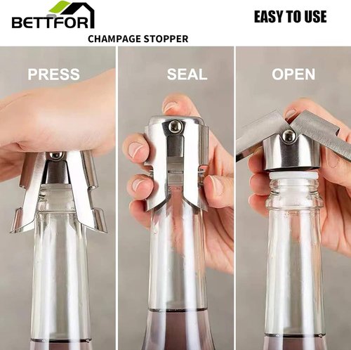 Champagne Stoppers with Stainless Steel Champagne Saver with Food Grade Silicone Leak proof Keep Fresh Suitable for Champagne, Cava, Prosecco and Sparkling(Silver, 6 Pack)