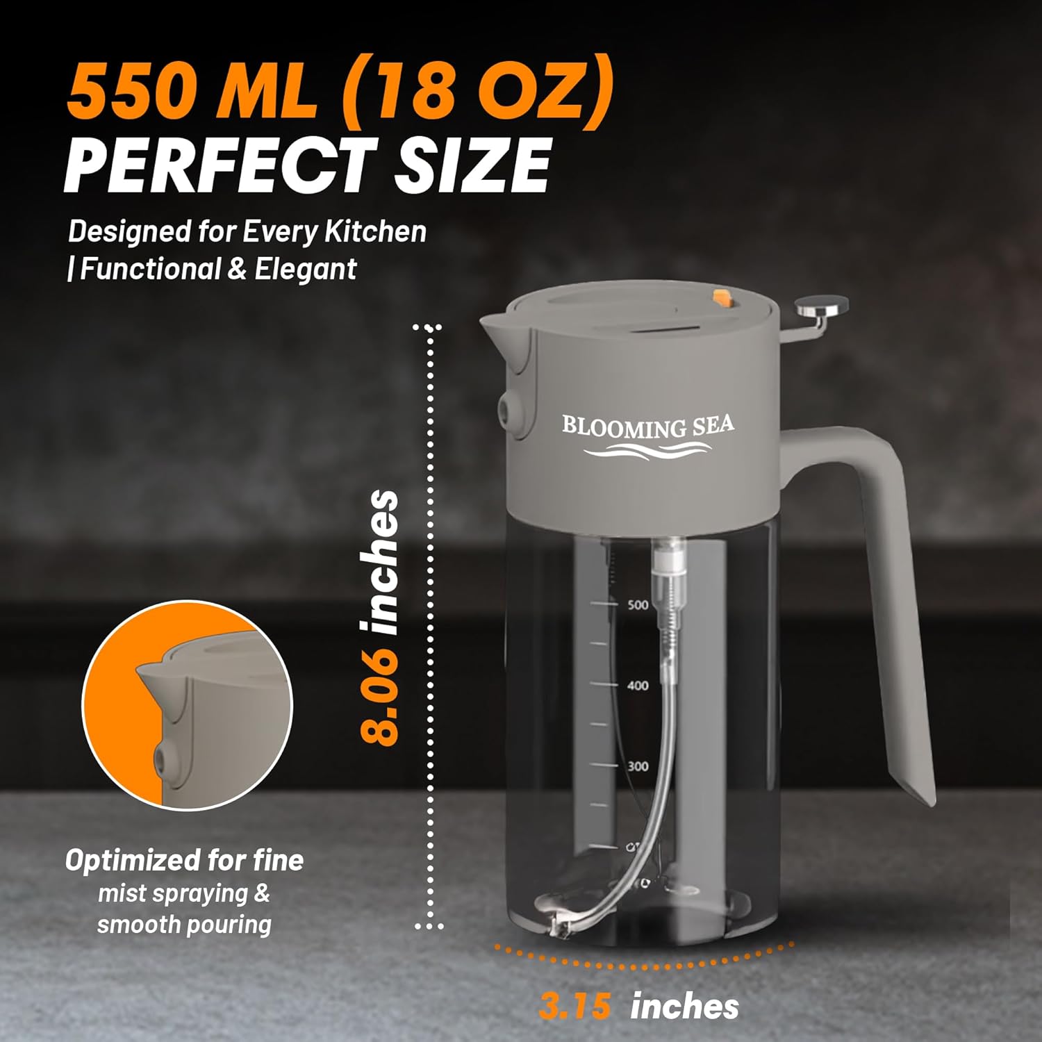 Skiennix 2-in-1 Oil Sprayer & Dispenser - 550ml Glass Olive Oil Bottle, BPA-Free, Leakproof, Gray