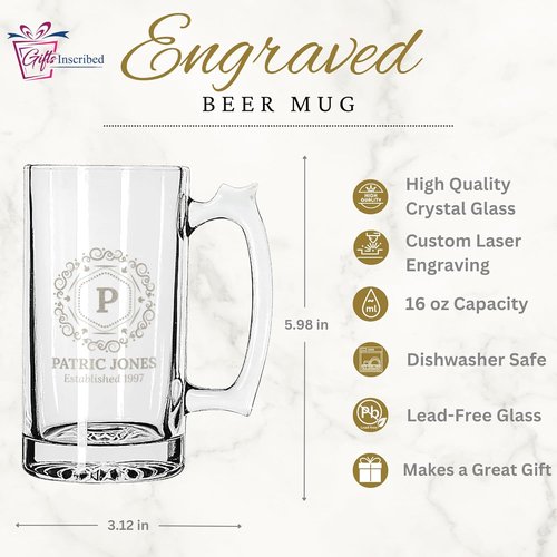 Inscribed Gifts Personalized 16 oz Beer Mug - Custom Engraved Glass for Unique Gifts | Perfect for Dad, Husband, Birthdays, Weddings, Anniversaries, Father's Day