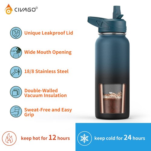 CIVAGO Gallon Insulated Water Bottle Jug with Straw, 128 oz Large Stainless Steel Water Flask, Big Metal Thermal Mug with 3 Lids for Sports, Travel, Gym, and Camping, Army Green