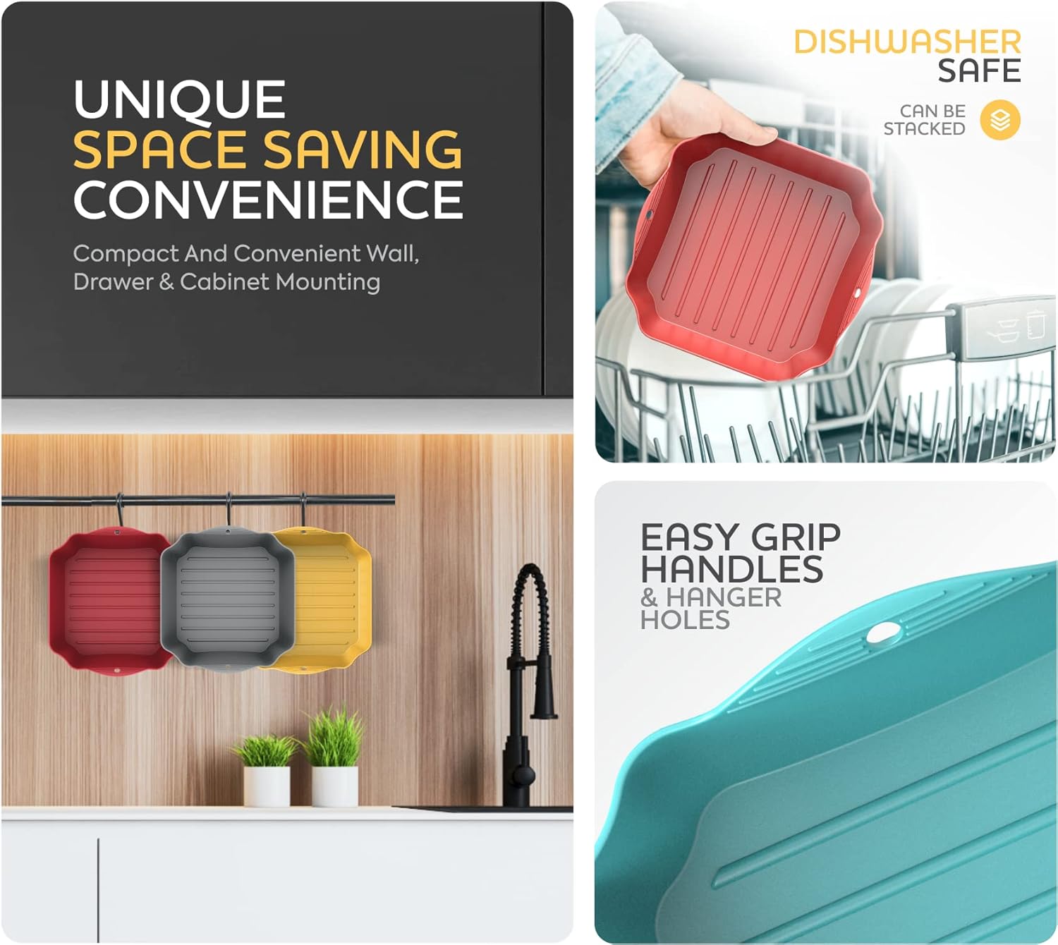 Zip Standing Reusable Silicone Air Fryer Liners - 7.5" Square for 4-7QT Air Fryers with Handles & Holes
