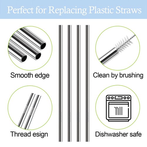 Metal Straws Replacement for Ello Pop & Fill 32 oz Accessories, 6 PCS Reusable Stainless Steel Straw with 2 Cleaning Brush, Compatible with Ello Water Bottle