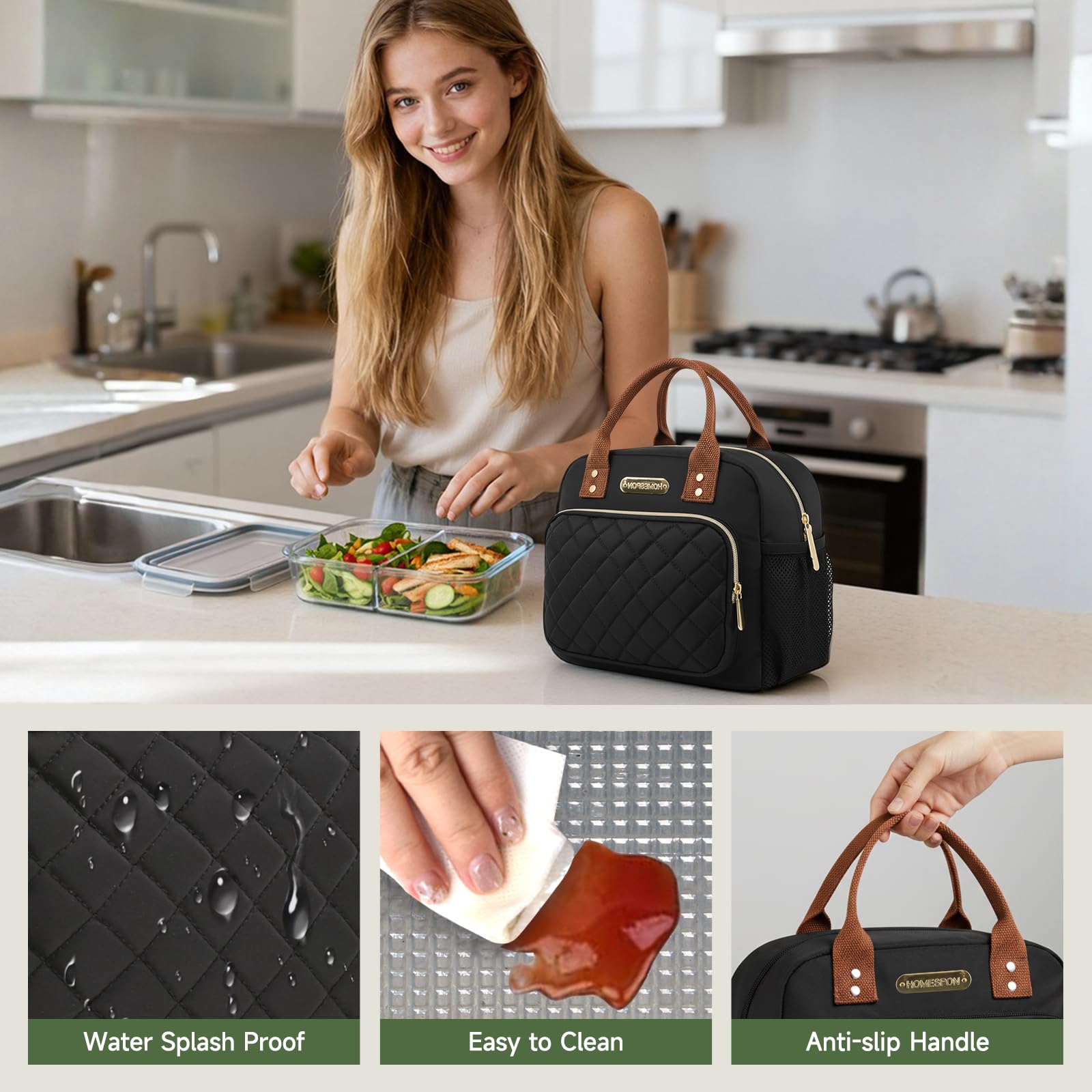 HOMESPON Lunch Bag for Woman Man Adults with Front Pocket Insulated Lunch Tote with Side Pockets Lunch Box Container for Work Picnic or Travel (Black Golden)