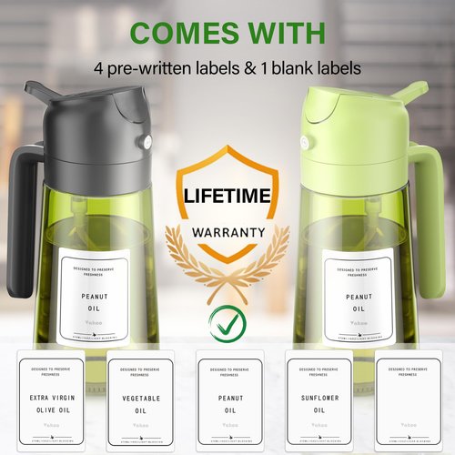 Vakoo 2 in 1 Oil Sprayer and Oil Dispenser for Kitchen - 16oz/470ml Light-Blocking Dark Glass Olive Oil Spray Bottle for Cooking, Air Fryer, Salad & BBQ (Black&Green)