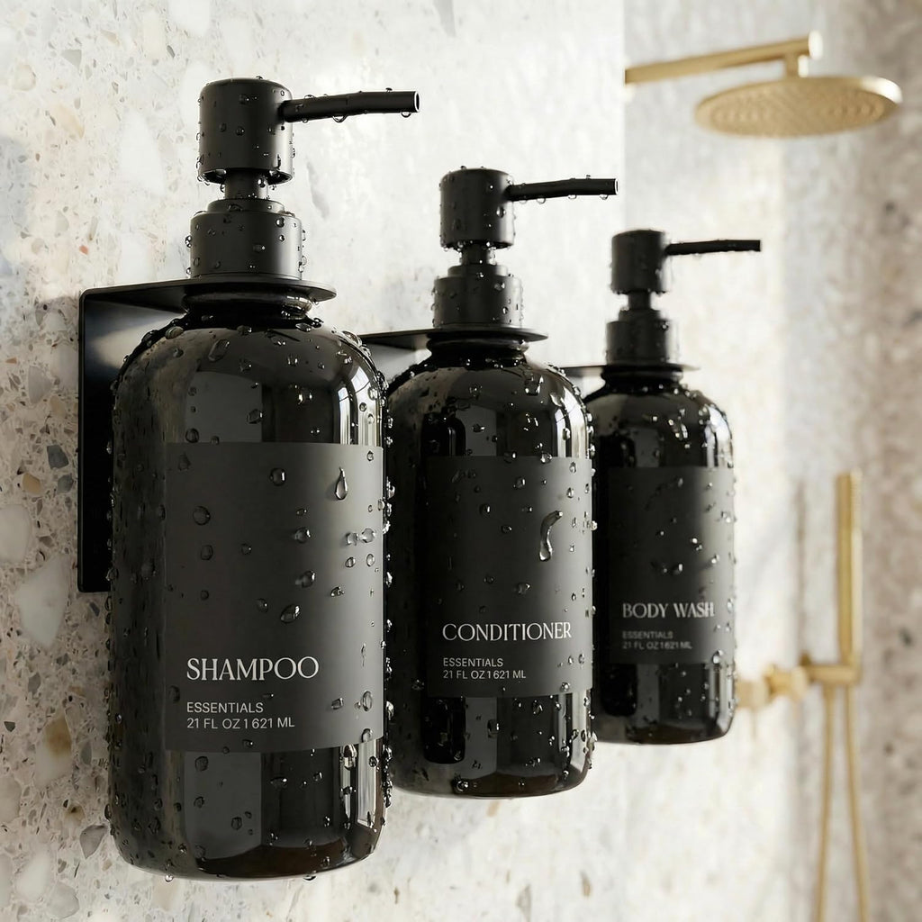 Stylish Shampoo & Conditioner Dispenser Set - Modern 21oz Wall-Mount Soap Bottles with Labels