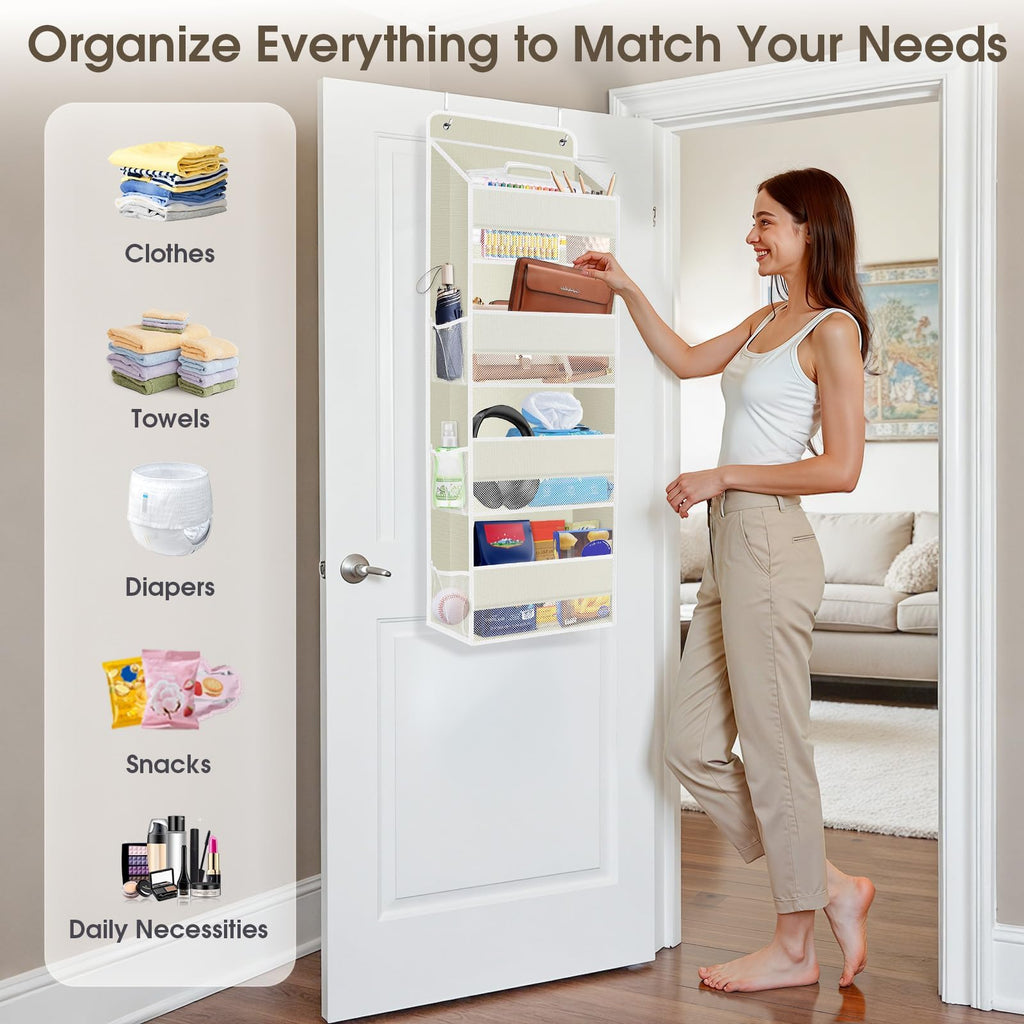 SpaceHacks 1 Pack Over The Door Organizer, Hanging Storage Organizer with Clear Window, 40lb Ultra Sturdy Large Capacity Room Organizer for Pantry Bathroom Nursery Closet Baby Essential (Beige)