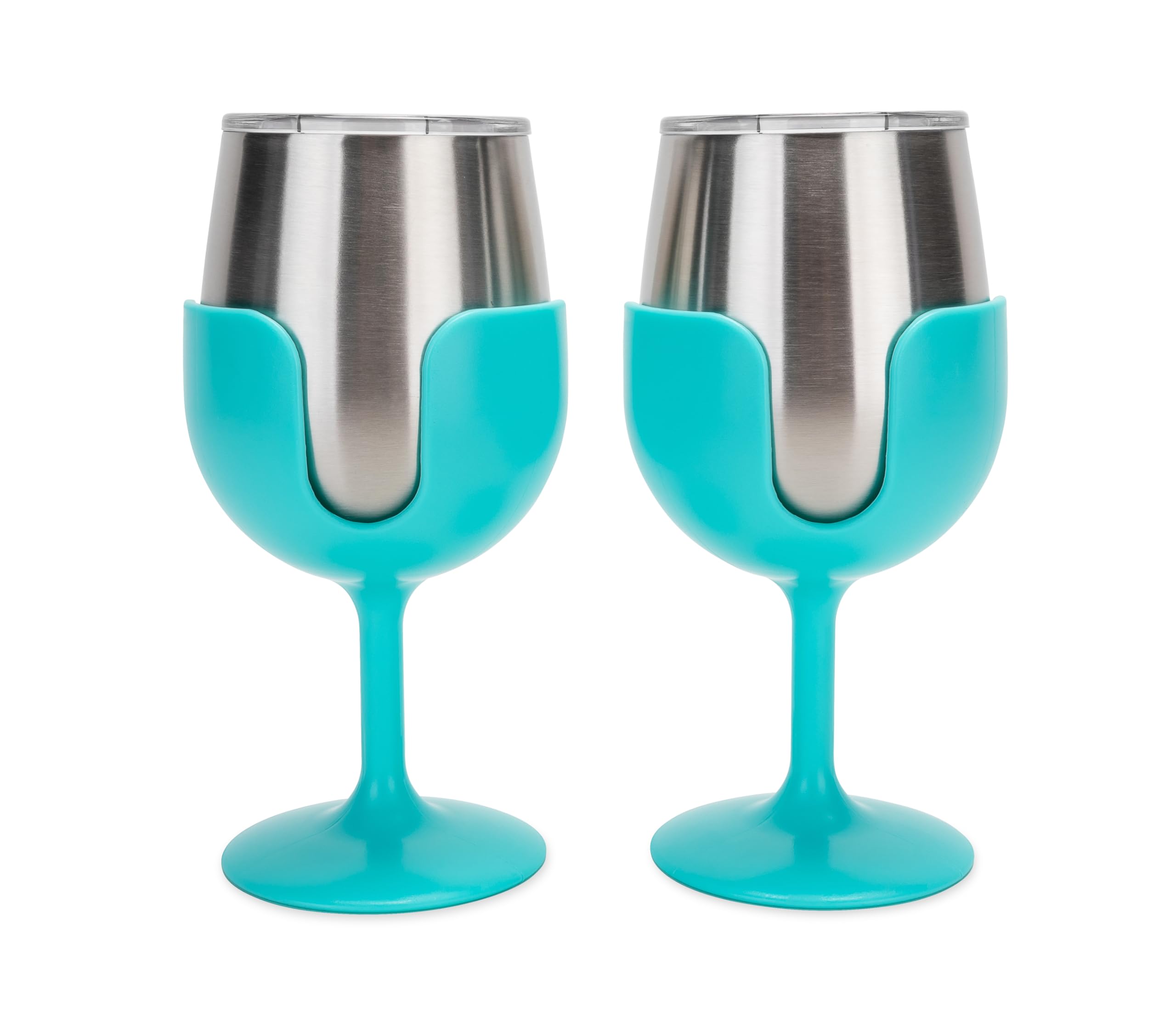 Camco Life is Better at The Campsite Stainless Steel Wine Tumbler 2-Pack - Features Heavy Duty Double Wall Vacuum Insulation & Removable Navy, Red, Green & Yellow Stems - Holds 8-oz Each - Blue(53484)