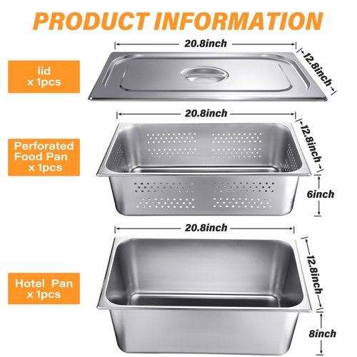 Ferraycle 3 Pack Full Size 6 Inch, 8 Inch Hotel Pan with Lid Perforated Steam Table Pan Restaurant Supplies for Kitchen, Steam Table Tray for Food Warmer