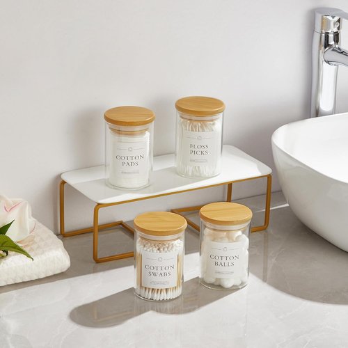 INIUNIK Qtip Holder Dispenser - 3 Pack Glass Apothecary Jars with Lids | Bamboo Bathroom Organizers