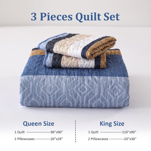 Dobuyly Blue Queen Quilt Set, Boho Bedspread Queen Size, Striped Bedding Sets 3 Pieces, Lightweight Soft Coverlet Bed Sets with 2 Pillow Shams 96"x90"