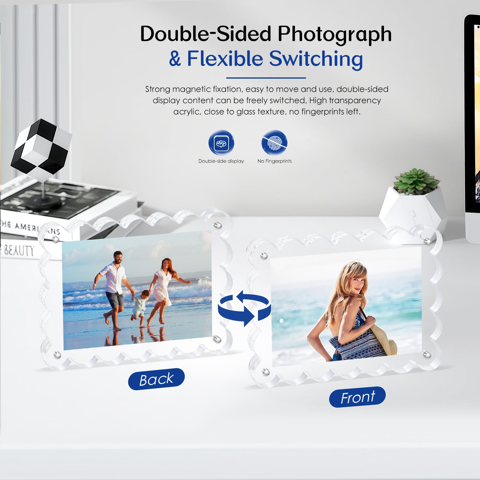Novacrylion Scalloped Magnetic Picture Frame 4x6 Inch - 2Pack Clear Acrylic Photo Frame, 20mm Thick Double-Sided Magnet Design, Trendy Desktop Display for Home/Office Decor (2 Pack, 4X6)