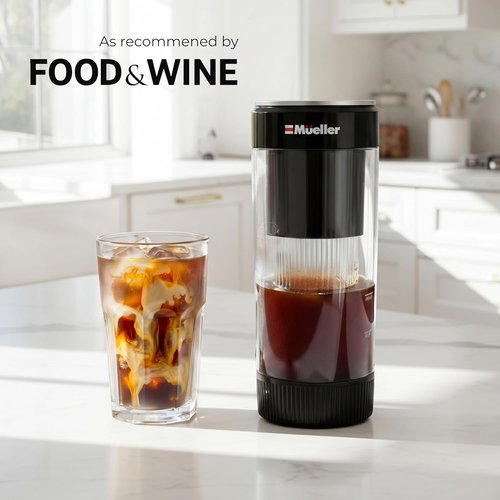 Mueller RapidBrew Cold Brew Iced Coffee Maker - Fast 10-Minute Brewing | Portable & Rechargeable - Adjustable Strength, 20 Servings, Black