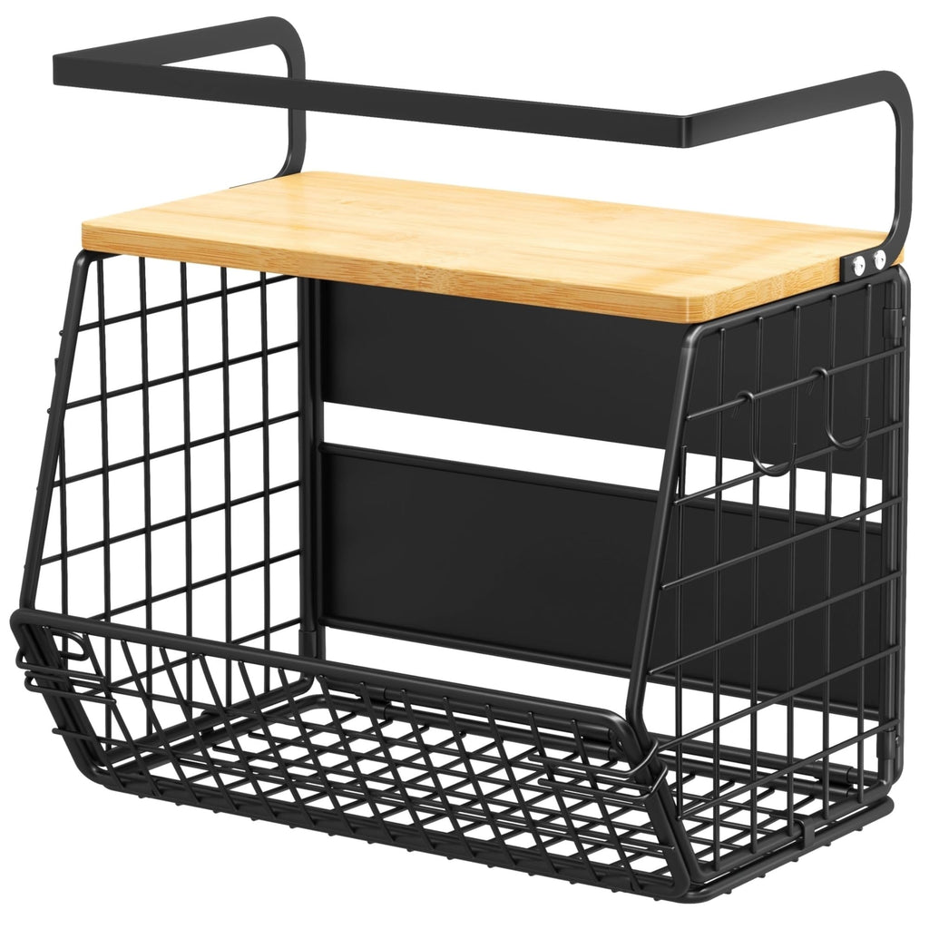 DecruKaltiz Magnetic Shelf for Fridge with Bamboo Lid,Fruit Vegetable Potato and Onion Wire Basket, Refrigerator Magnetic Spice Rack for Countertops, Cabinets, Laundry Rooms and RVs (Black, 1 Pack)