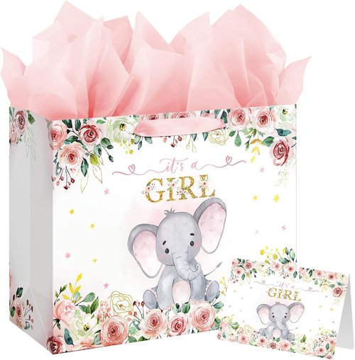 Laidans Large Baby Shower Gift Bag - Pink Floral Elephant Design with Tissue Paper & Card