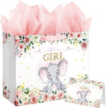 Laidans Large Baby Shower Gift Bag - Pink Floral Elephant Design with Tissue Paper & Card