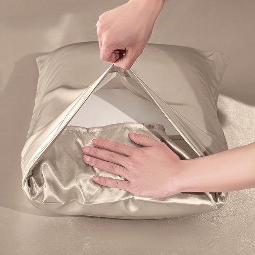VACVELT 3-Piece Satin Fitted Sheet Set Queen Size, Beige Bottom Bed Sheet with 2 Pillowcases, Similar to Silk Sheets, Luxury & Silky Bedding Set, 15 Inch Deep Pocket