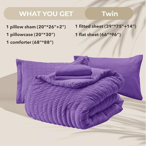 HYMOKEGE Twin Comforter Set - Bright Purple Seersucker 5-Piece Luxury Bedding Set | All-Season Comforter, Sheets & Pillowcase